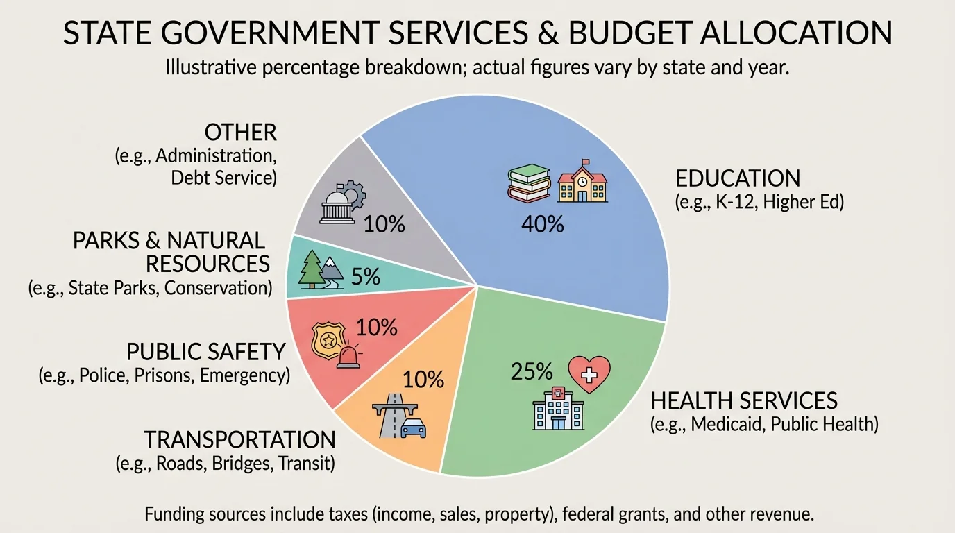 Pie chart of a state budget divided into education, transportation, public safety, health services, and parks/natural resources