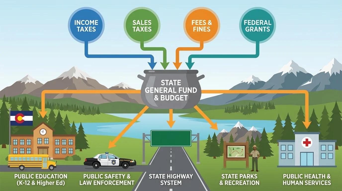Colorado scene with a public school, state highway, state trooper car, park ranger in a state park, and a health clinic, each with short labels showing state services