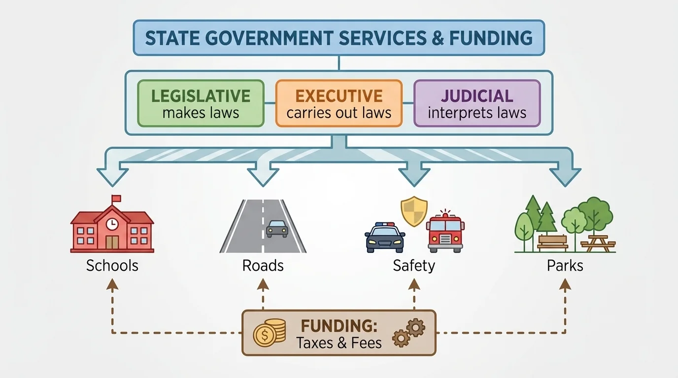 Three-box flowchart labeled Legislative makes laws, Executive carries out laws, Judicial interprets laws, with arrows leading to icons for schools, roads, safety, and parks