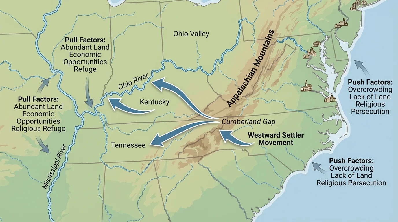 map of the early United States showing Appalachian Mountains, Cumberland Gap, Ohio River, Mississippi River, and arrows marking westward settler movement into Kentucky, Tennessee, and the Ohio Valley
