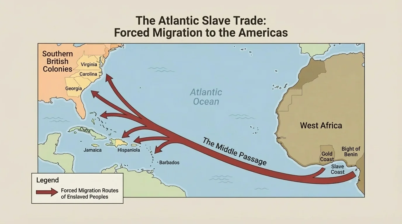 map showing West Africa, Atlantic crossing, Caribbean, and southern British colonies with arrows representing the routes of the Atlantic slave trade