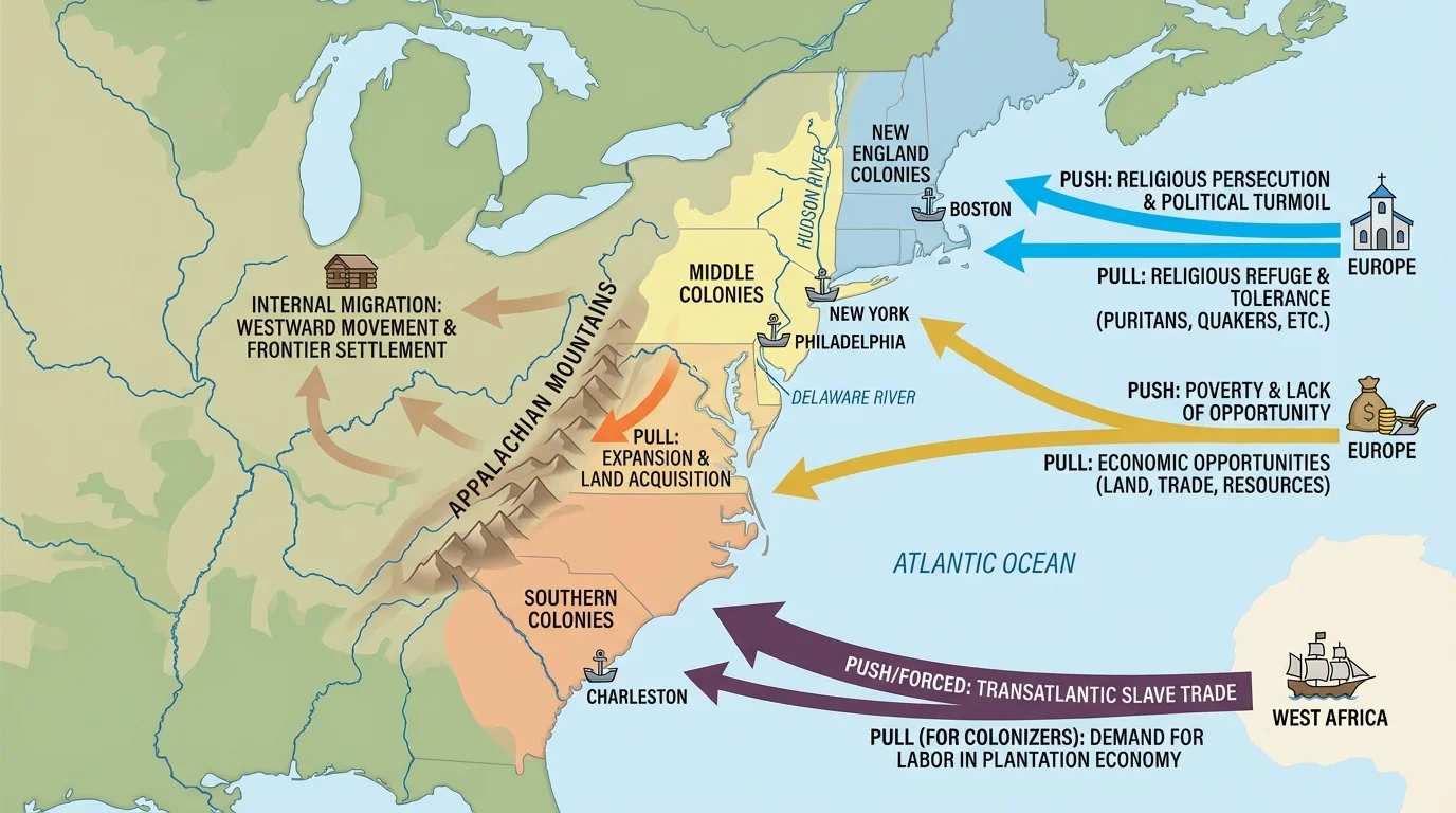 map of early eastern North America showing Atlantic ports, major rivers, Appalachian Mountains, and arrows toward major colonial settlement zones