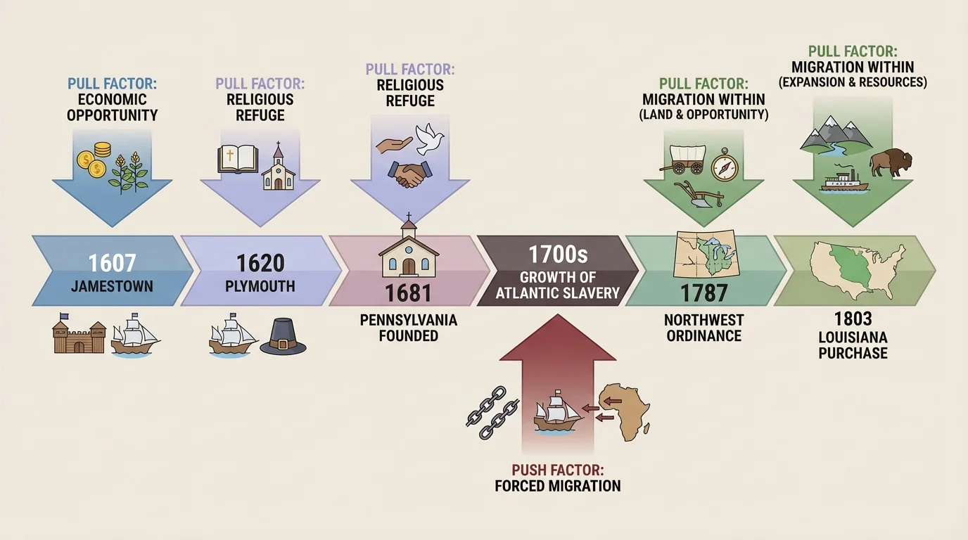 timeline showing Jamestown 1607, Plymouth 1620, Pennsylvania founded 1681, growth of Atlantic slavery in the 1700s, Northwest Ordinance 1787, Louisiana Purchase 1803