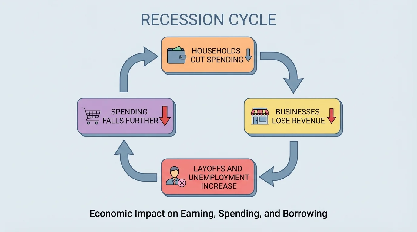 flowchart of recession cycle showing households cutting spending, businesses losing revenue, layoffs, and spending falling further
