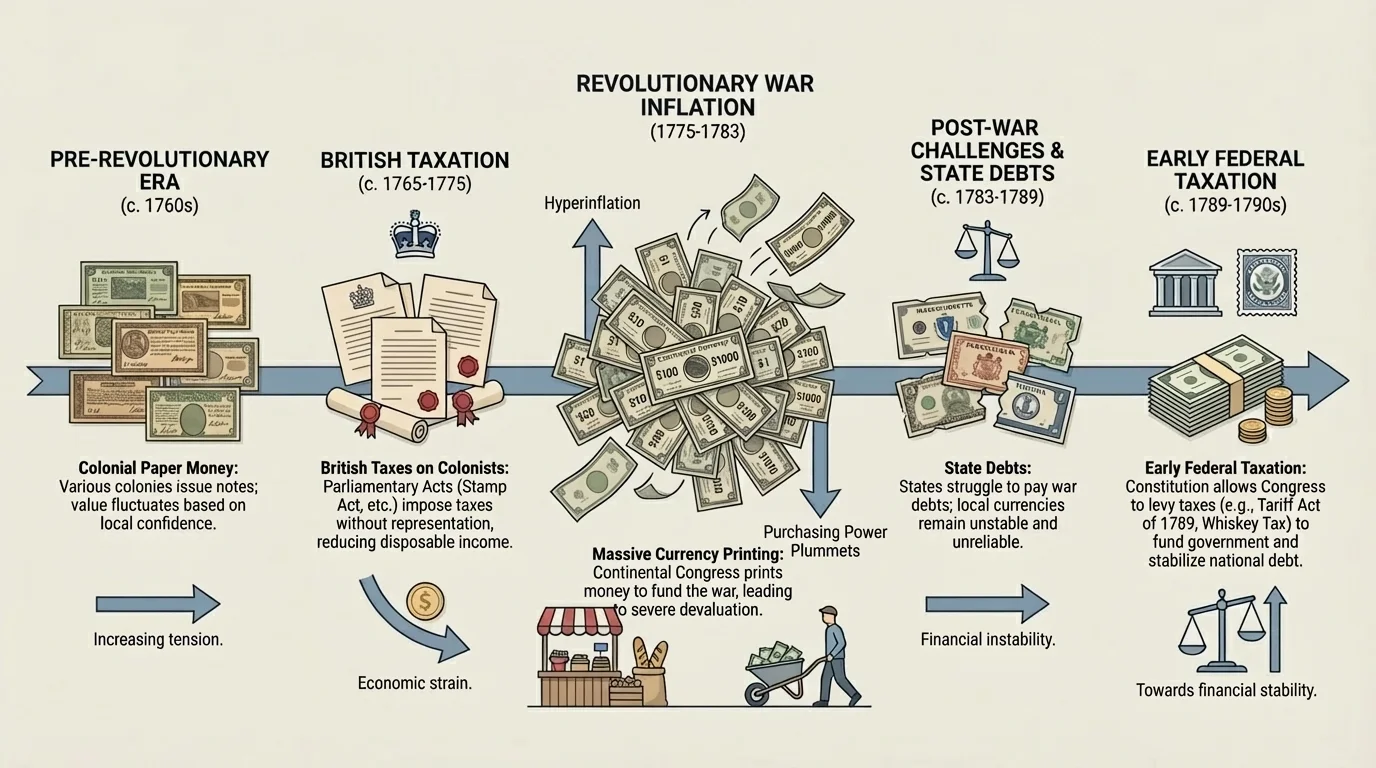 timeline with colonial paper money, British taxes on colonists, Revolutionary War inflation, state debts, and early federal taxation