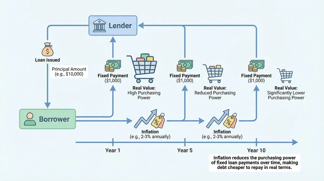 flowchart showing borrower receiving a loan, making fixed payments over time, and inflation reducing the real value of later payments
