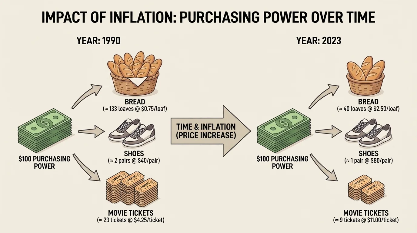 chart comparing what the same amount of money buys in two different years using items such as bread, shoes, and a movie ticket