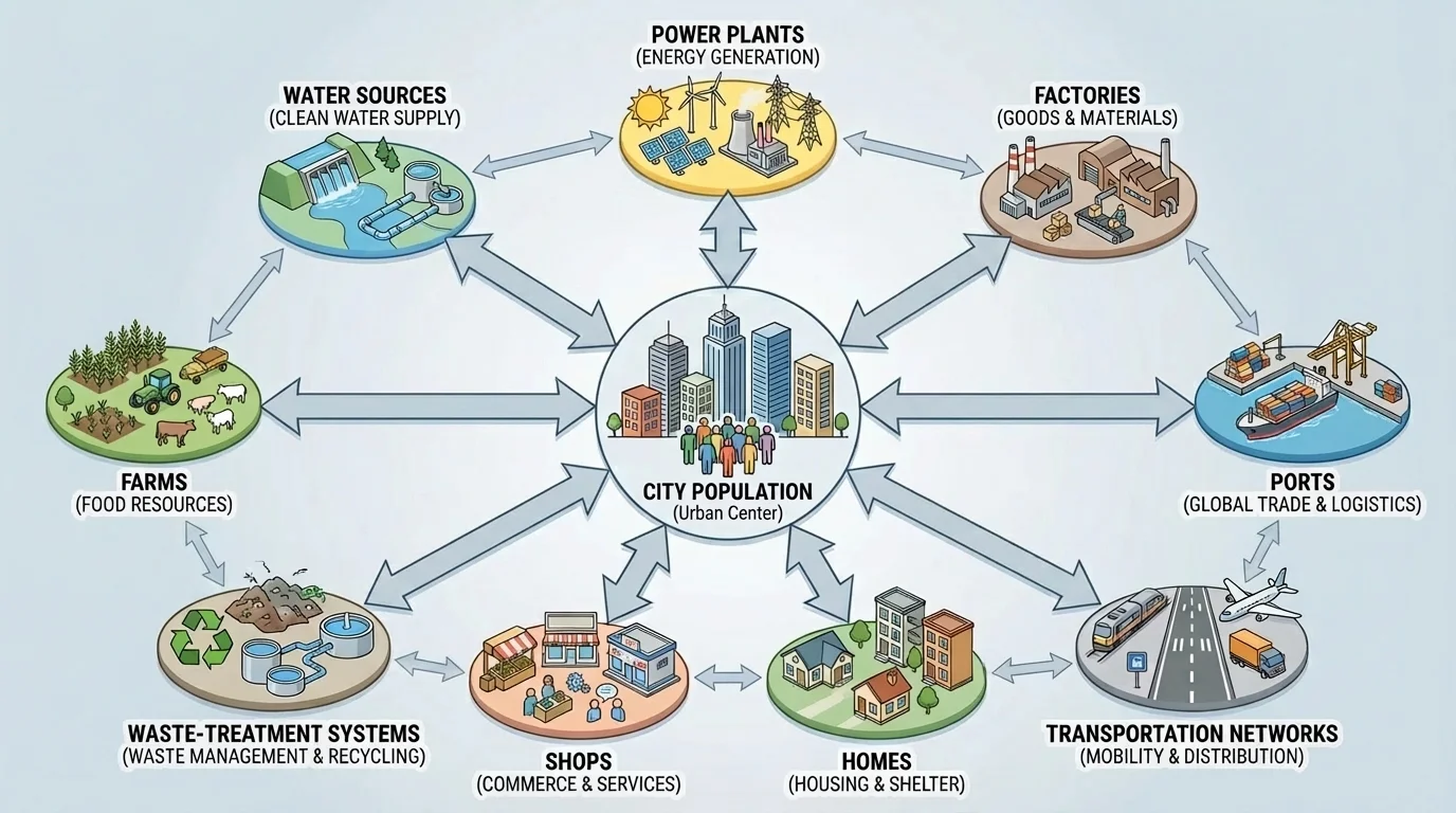 flowchart showing a city connected to farms, power plants, ports, factories, water sources, transportation networks, homes, shops, and waste-treatment systems