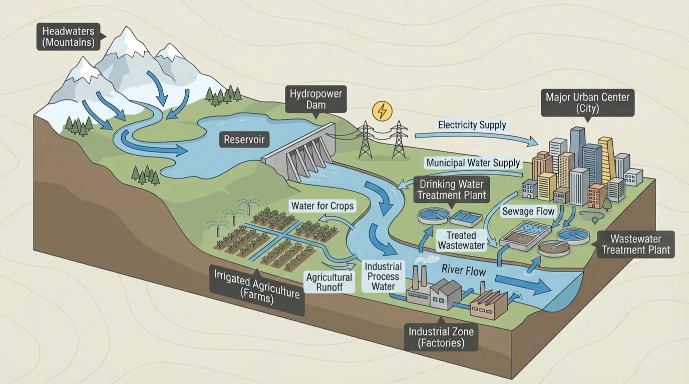 river basin diagram showing mountains, reservoir, farms, hydropower dam, factories, and a major city all drawing from the same freshwater system
