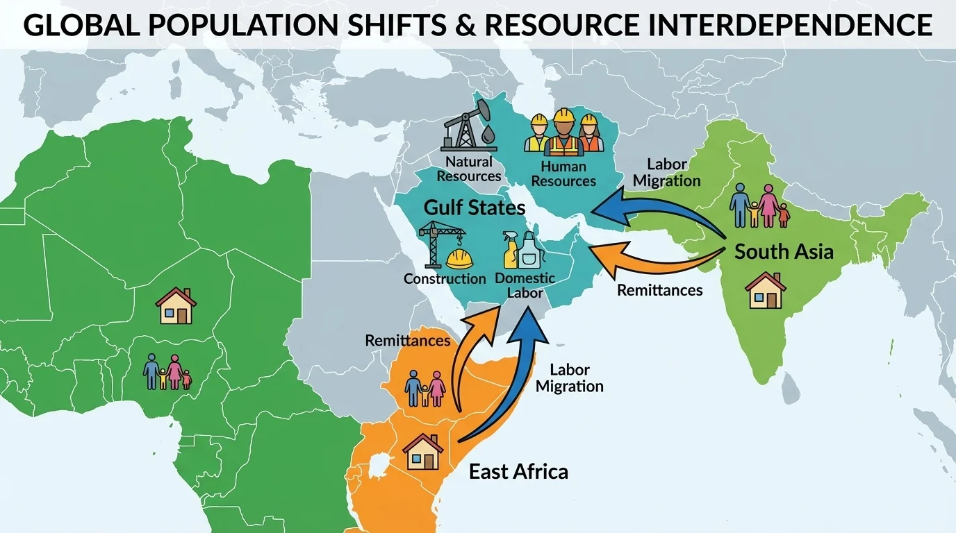 map of South Asia and East Africa to Gulf States with migration arrows, work icons for construction and domestic labor, and remittance arrows returning to origin countries