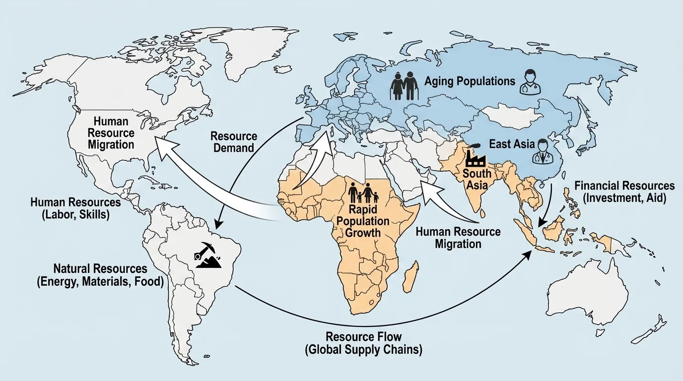 world map with shaded regions for rapid population growth in Sub-Saharan Africa and South Asia, aging populations in Europe and East Asia, and major migration arrows toward North America, Europe, and Gulf States