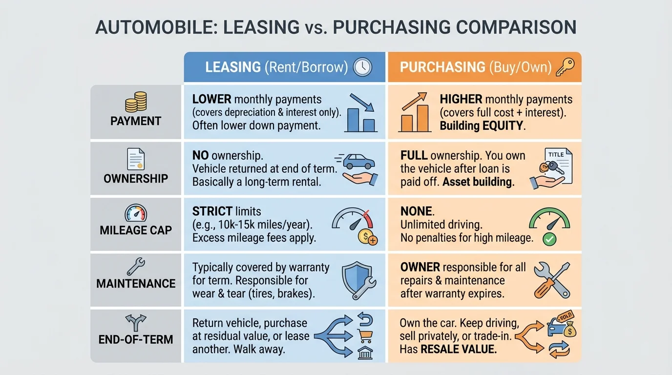 Comparison chart of leased versus purchased automobile showing payment, ownership, mileage cap, maintenance responsibility, and end-of-term outcome