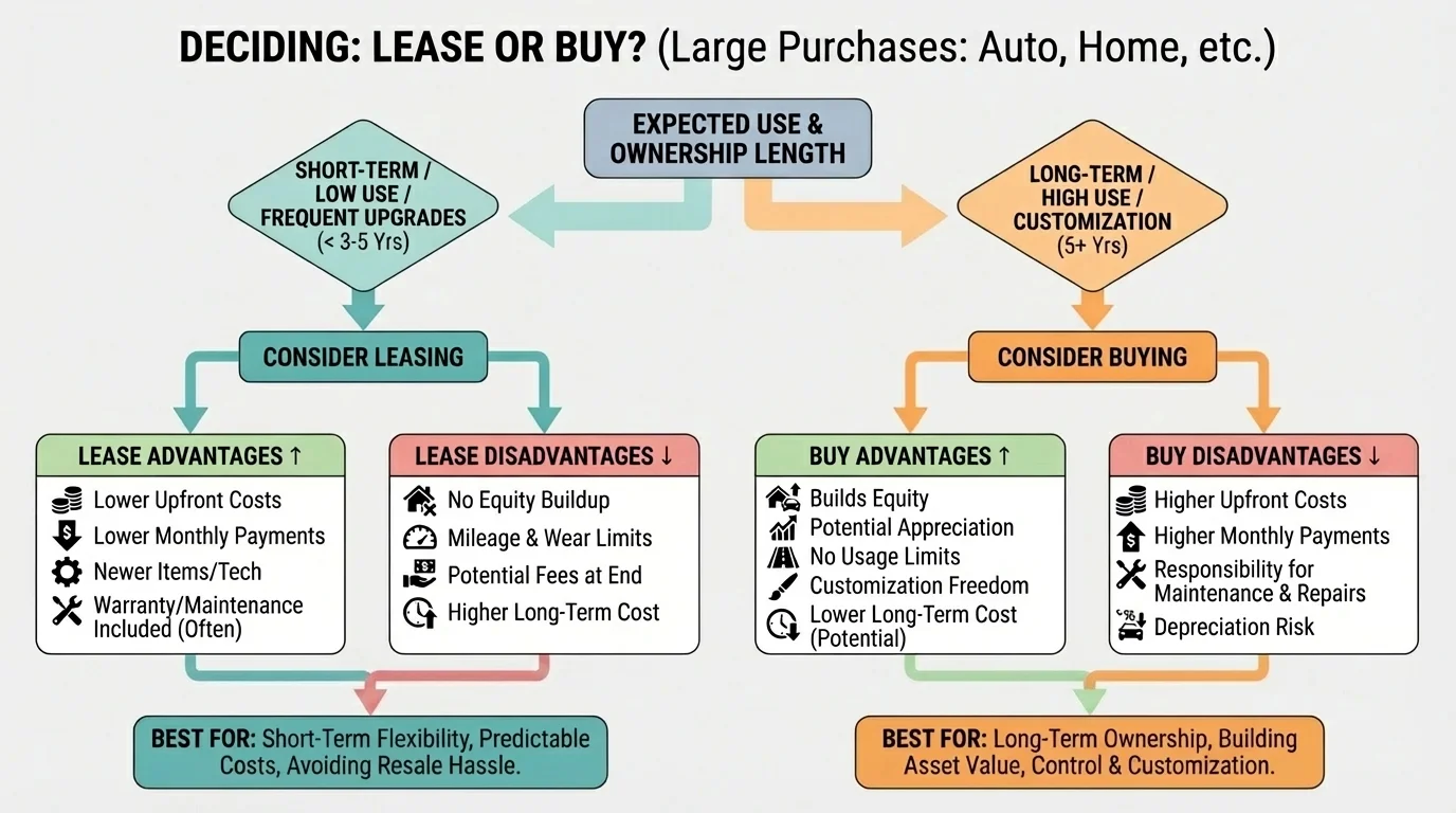 Flowchart for deciding between leasing and buying based on expected use, length of ownership, maintenance responsibility, and financial goals