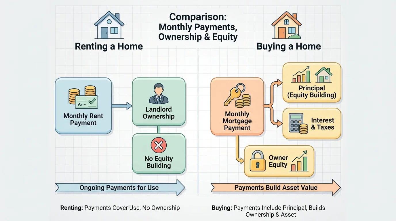 Diagram comparing renting a home with buying a home, showing monthly payments, landlord ownership, mortgage payments, and equity building