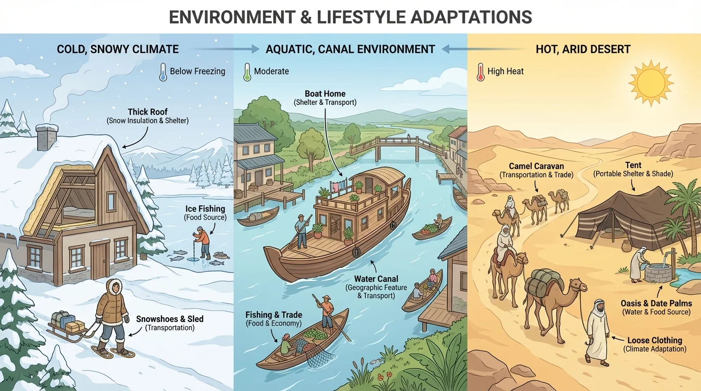three-part illustration showing a snowy home with thick roof, a boat on a water canal, and a camel path in a desert
