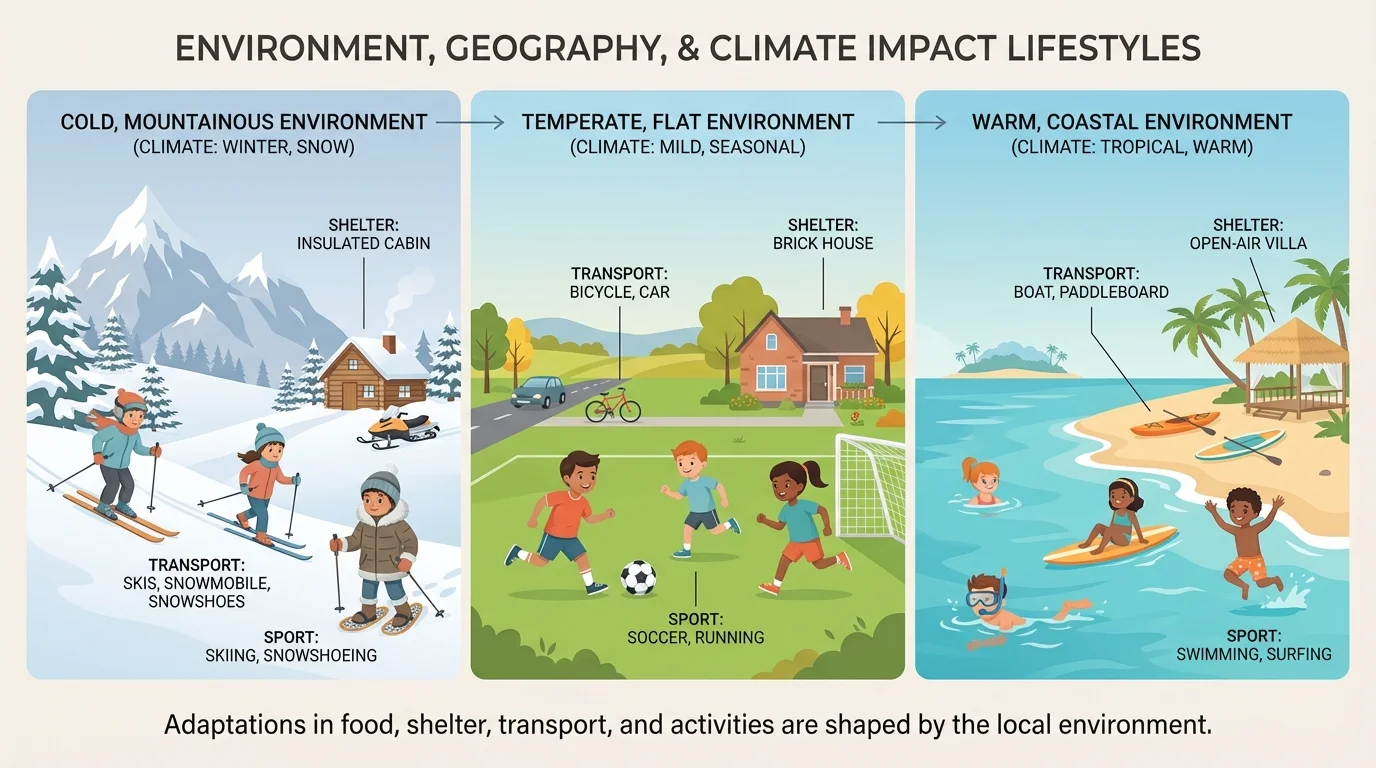 illustration with children skiing in snow, playing soccer on grass, and swimming in a warm place