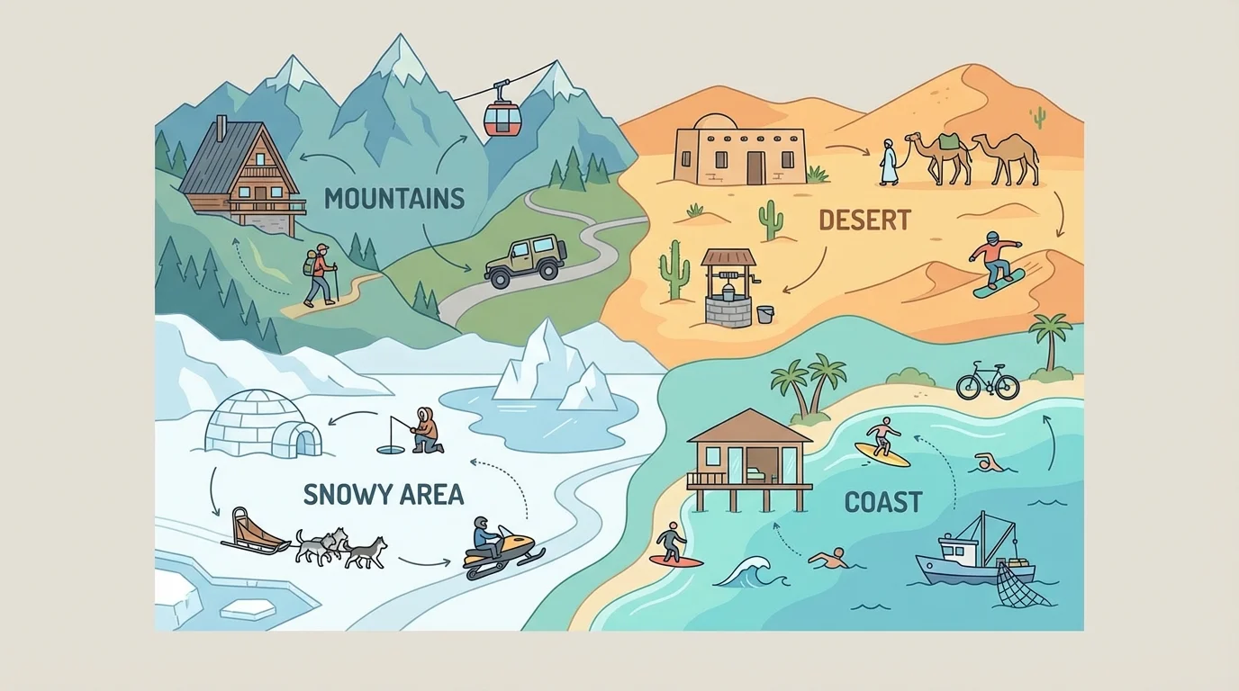 simple map with four regions: mountains, desert, snowy area, and coast, with small icons for homes and activities