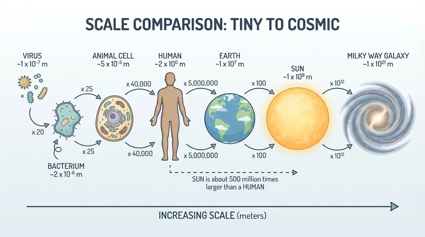 Scale comparison from tiny objects like bacteria and viruses through everyday objects to Earth and planets, each labeled with approximate powers of 10