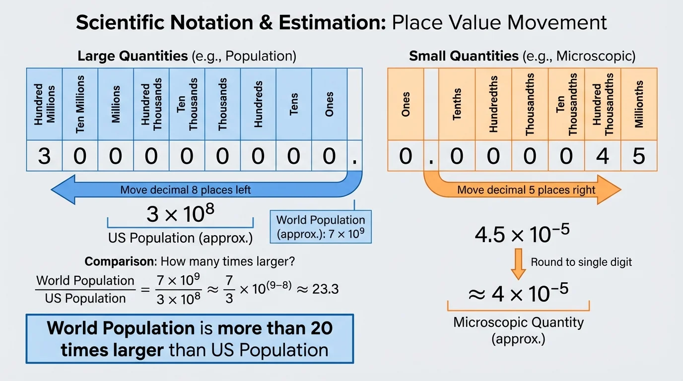 Place-value diagram showing decimal point movement left for 300,000,000 written as 3 times 10 to the 8 and right for 0.000045 approximated as 4 times 10 to the minus 5