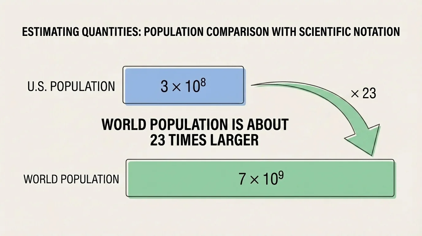 Comparison chart with two horizontal bars labeled U.S. population about 3 times 10 to the 8 and world population about 7 times 10 to the 9, showing a ratio of about 23