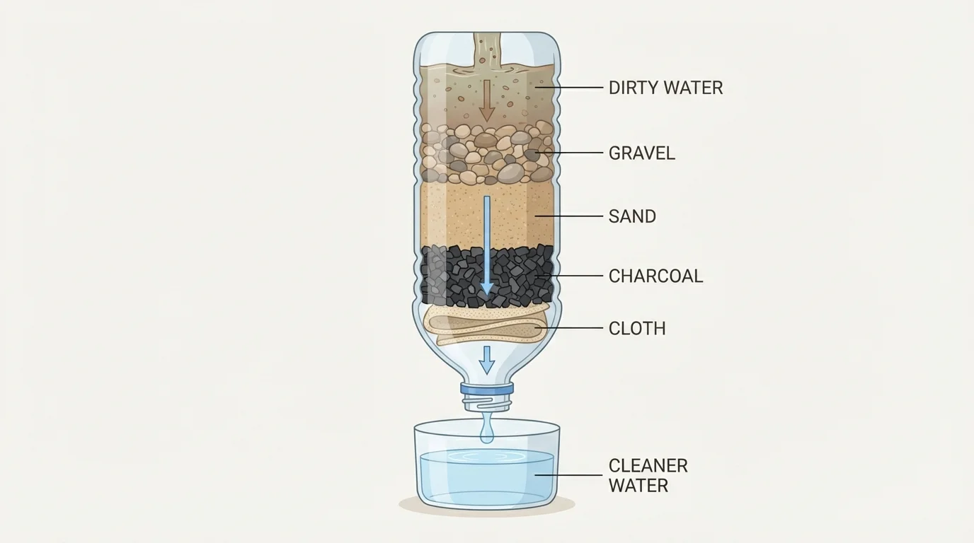 cutaway diagram of a bottle water filter with top dirty water, layers labeled gravel, sand, charcoal, cloth, and cleaner water dripping out