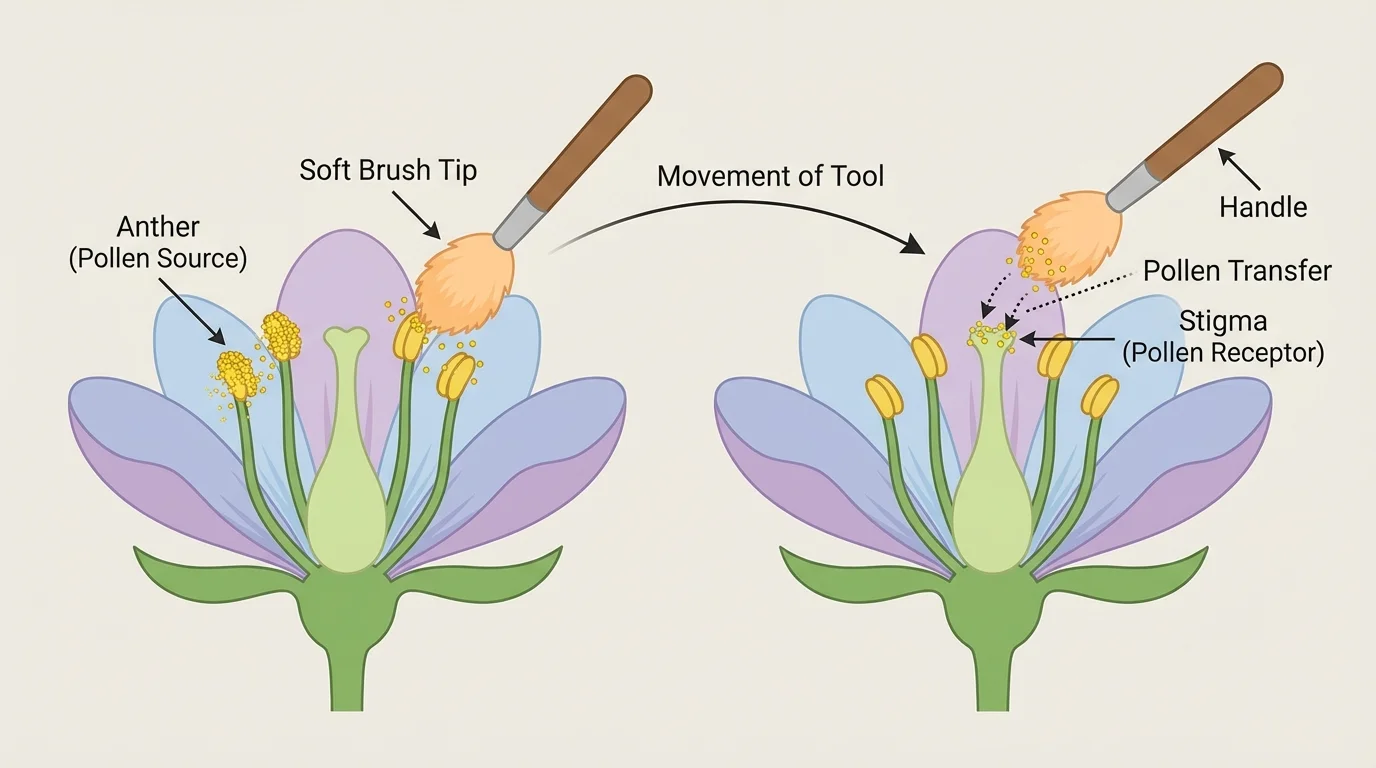 labeled diagram of a simple hand pollination tool with handle and soft brush tip transferring pollen between two flowers, arrows showing movement