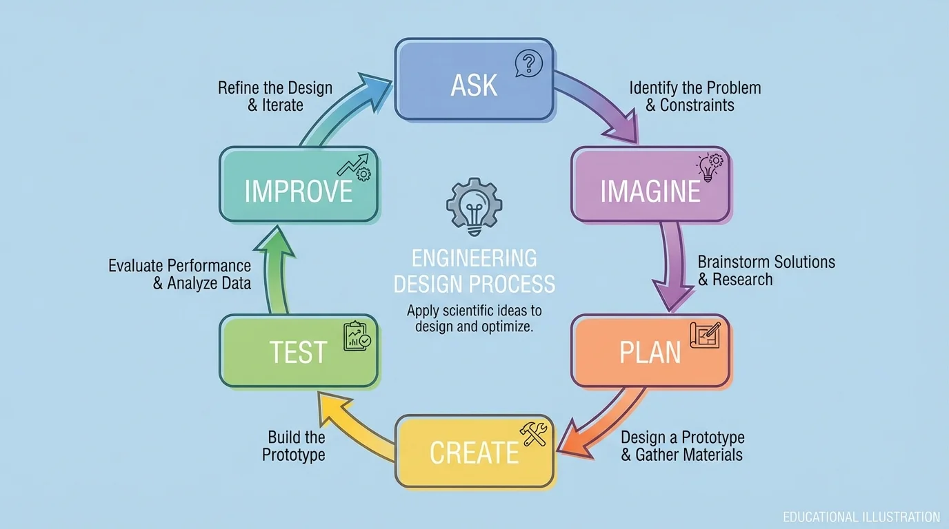 flowchart with boxes and arrows labeled ask, imagine, plan, create, test, improve in a repeating loop