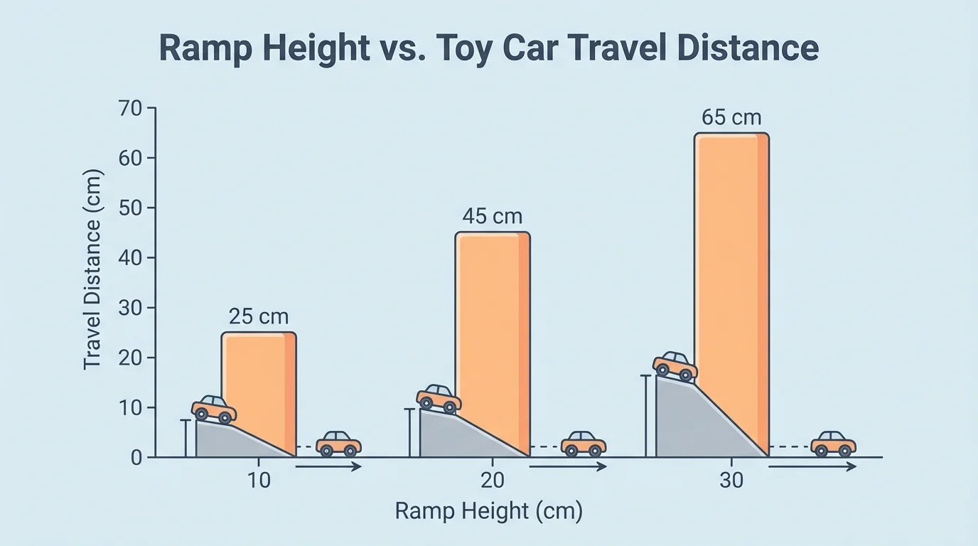 Simple bar graph with ramp heights 10 cm, 20 cm, 30 cm on one axis and toy car travel distances increasing on the other axis