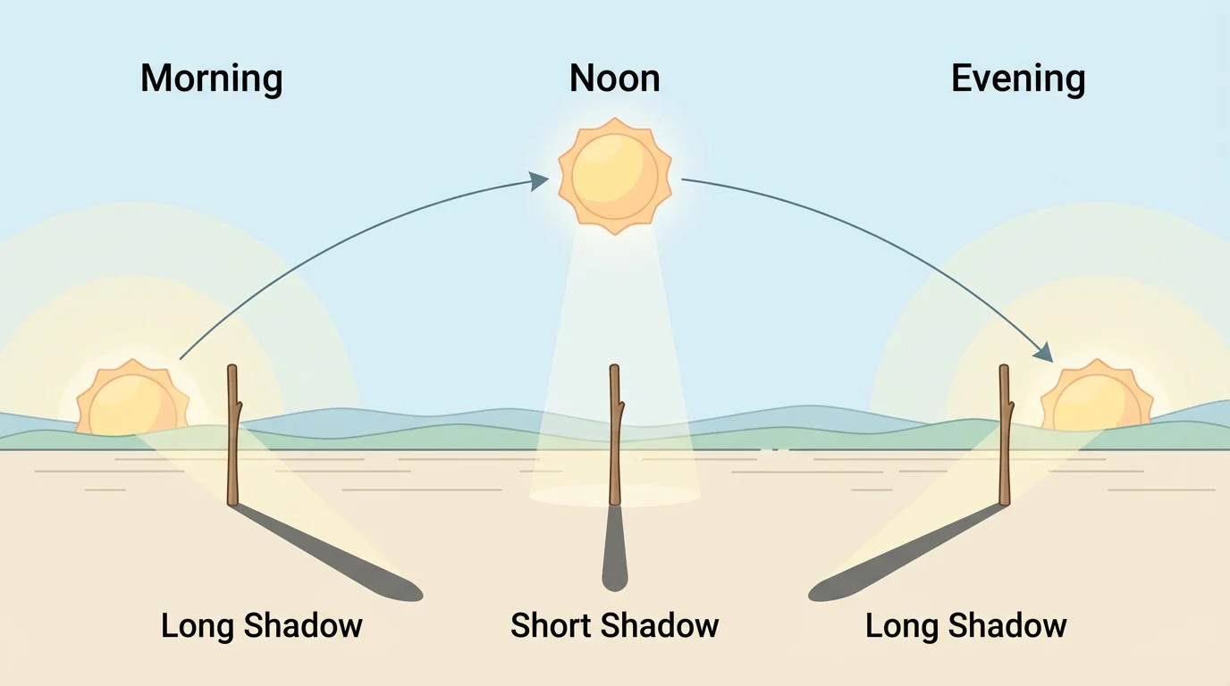 Morning, noon, and evening Sun positions with one stick on the ground casting a long shadow, short shadow, and long shadow, labeled simply