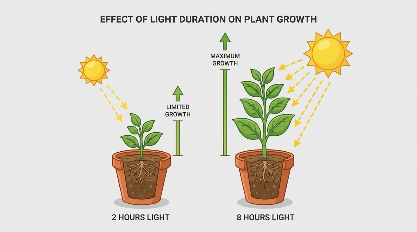 Two identical potted plants under different amounts of light, one labeled 2 hours light and shorter, the other labeled 8 hours light and taller, with simple arrows showing light affecting growth
