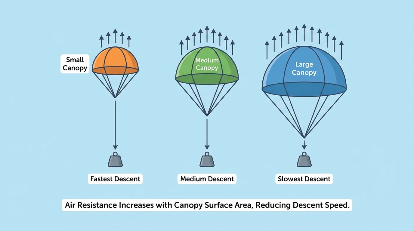 Three toy parachutes with small, medium, and large canopies descending, arrows showing the large canopy falling most slowly