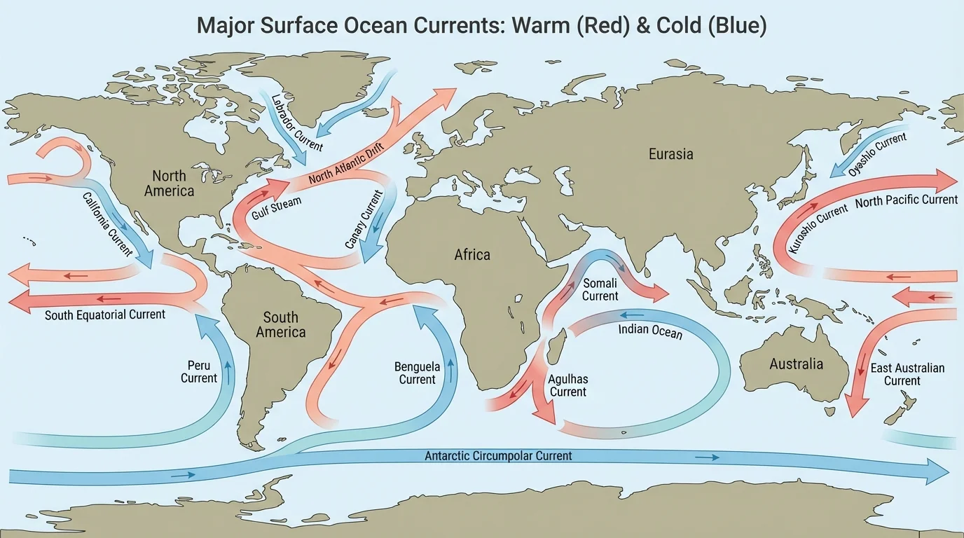Map showing major surface ocean currents including Gulf Stream, North Atlantic Drift, California Current, Peru Current, and Kuroshio Current with warm currents in red and cold currents in blue