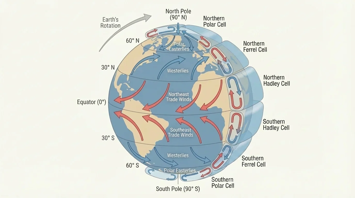 Diagram of Earth showing equator, 30 degrees, 60 degrees, poles, rising air at equator, sinking air near 30 degrees, and curved trade winds, westerlies, and polar easterlies with rotation direction