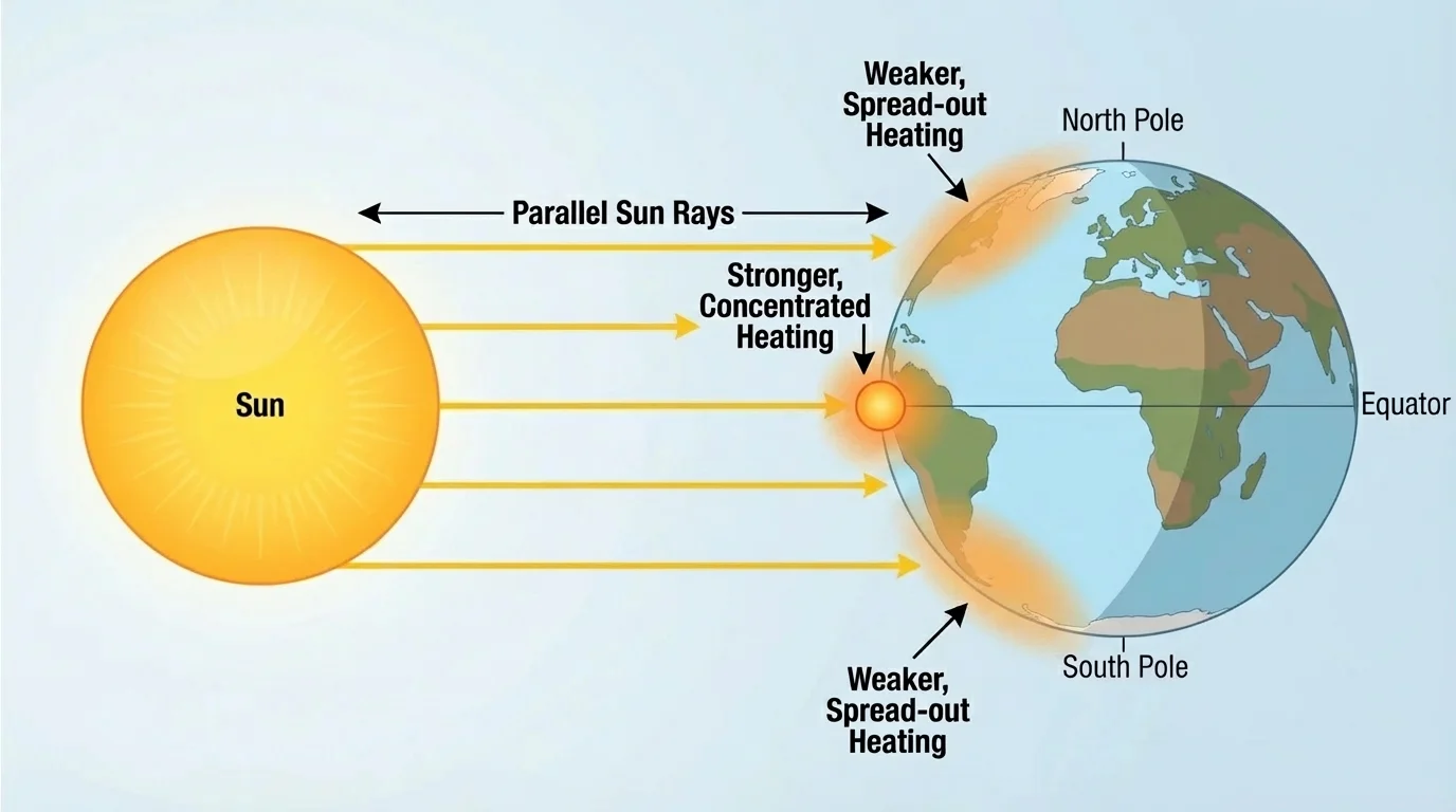 Diagram of Earth with parallel sun rays, direct concentrated heating at the equator and angled spread-out heating near the poles, with simple labels for stronger and weaker heating
