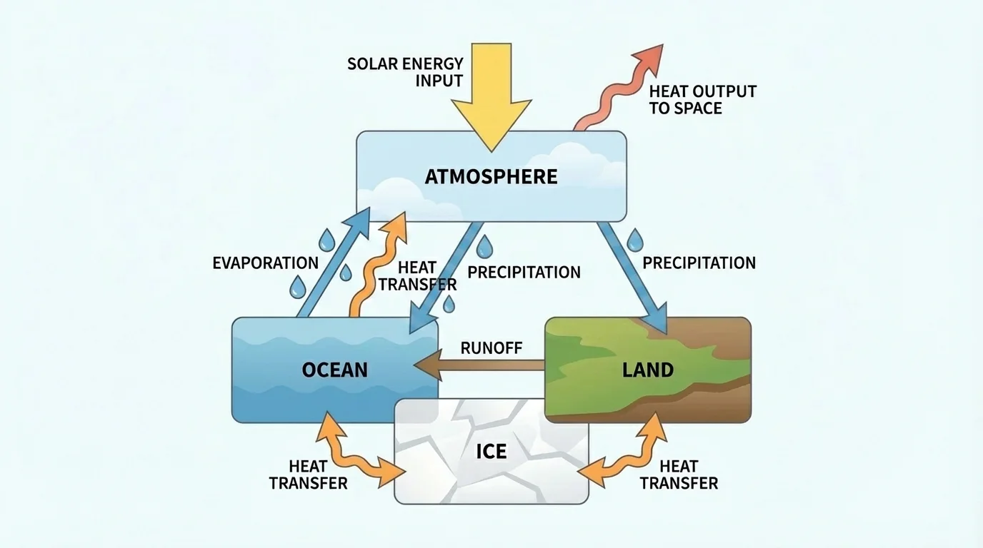 Diagram of Earth system boxes labeled atmosphere, ocean, land, ice, with arrows for solar energy input, heat transfer, evaporation, precipitation, runoff, and heat output to space