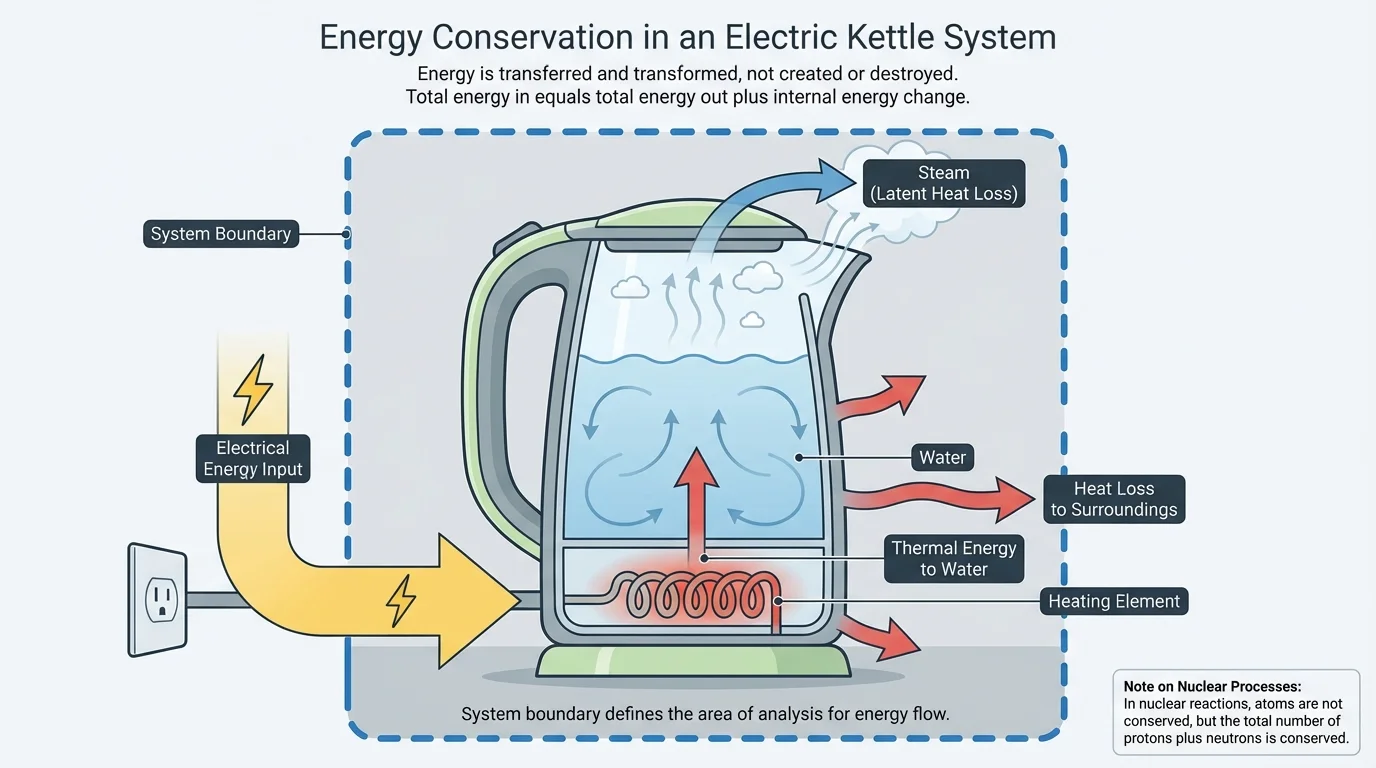 Labeled system boundary around an electric kettle showing electrical energy in, thermal energy to water inside, and heat loss to surrounding air