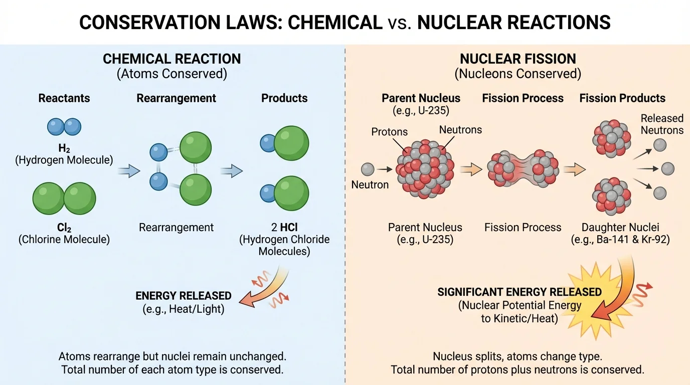 Side-by-side comparison of a chemical reaction with atoms rearranging but unchanged nuclei, and a nuclear fission reaction where one nucleus splits into different nuclei while total protons plus neutrons are conserved