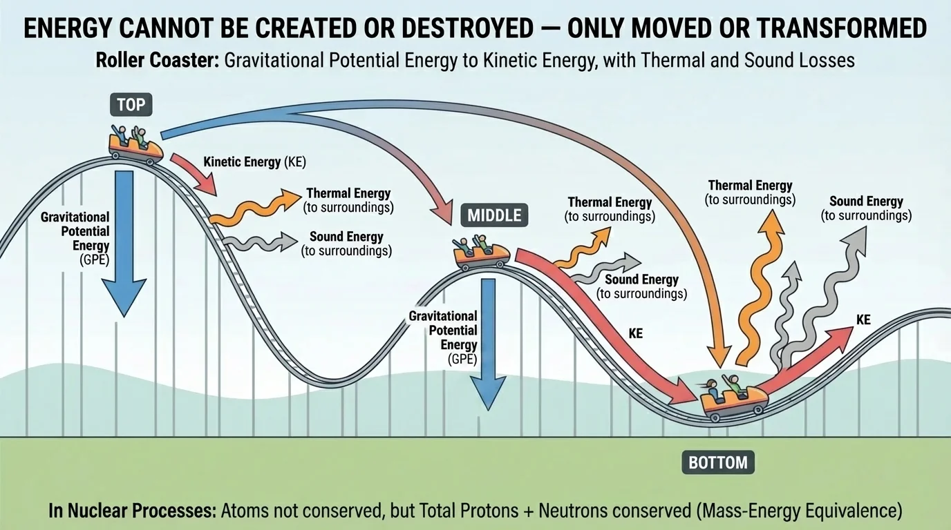 Roller coaster at top, middle, and bottom with arrows showing gravitational potential energy changing to kinetic energy, with some thermal and sound energy to surroundings