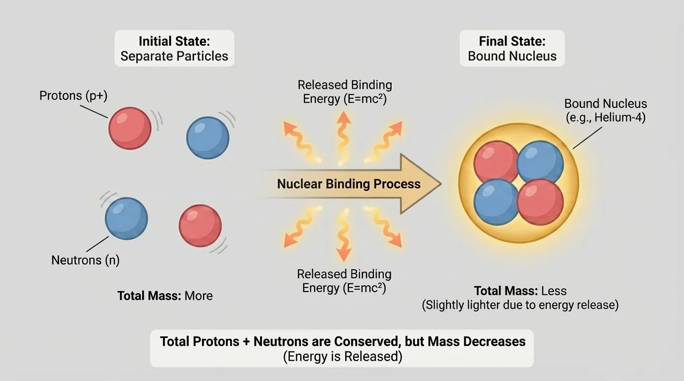 Separate protons and neutrons combining into a bound nucleus with slightly smaller total mass and outgoing energy arrows indicating released binding energy