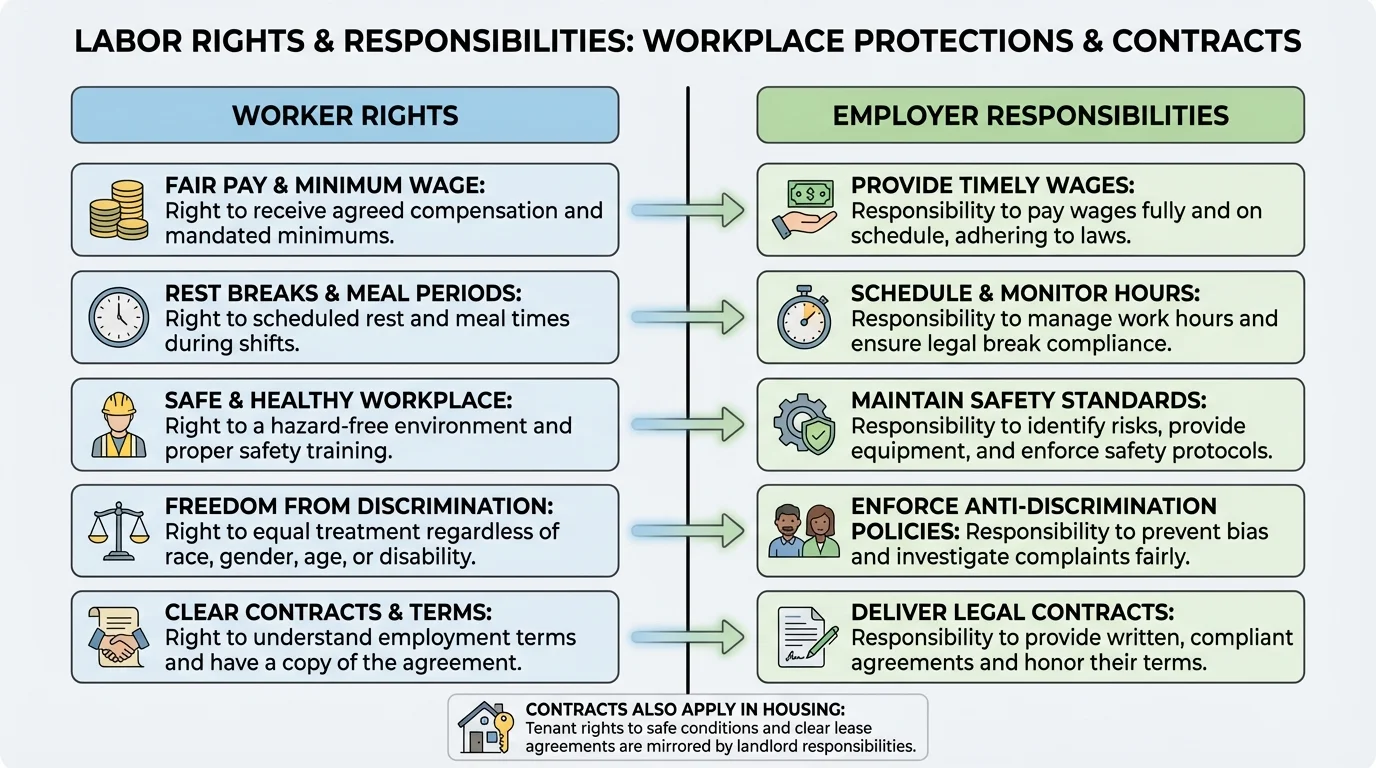 chart comparing worker rights such as pay, breaks, safety, and freedom from discrimination with matching employer responsibilities