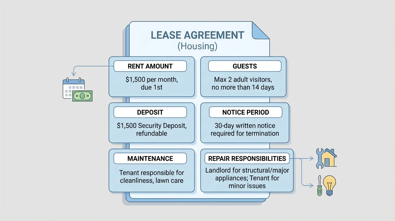 diagram of a sample lease labeled with rent amount, deposit, maintenance, guests, notice period, and repair responsibilities