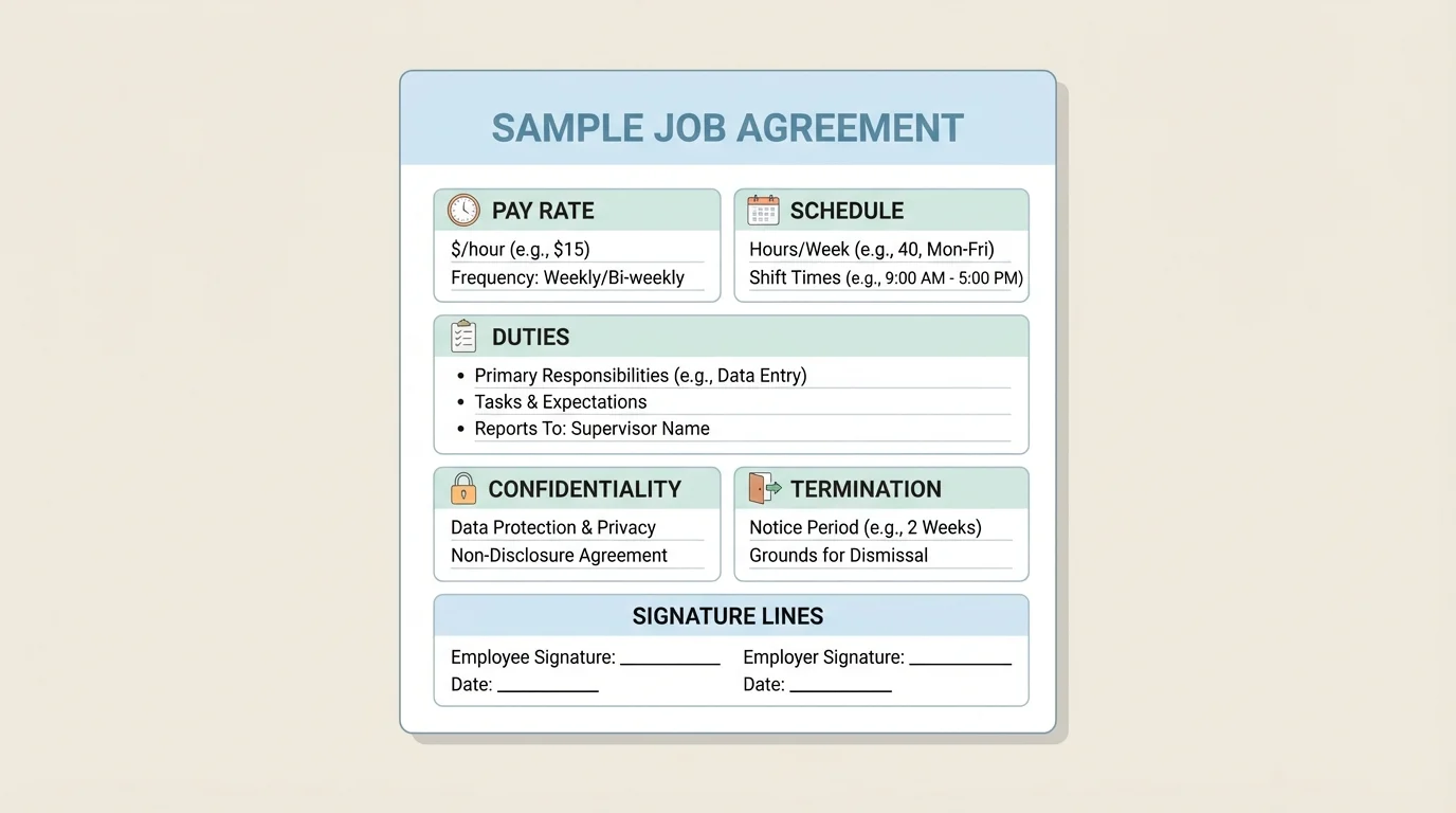 diagram of a sample job agreement labeled with pay rate, schedule, duties, confidentiality, termination, and signature lines