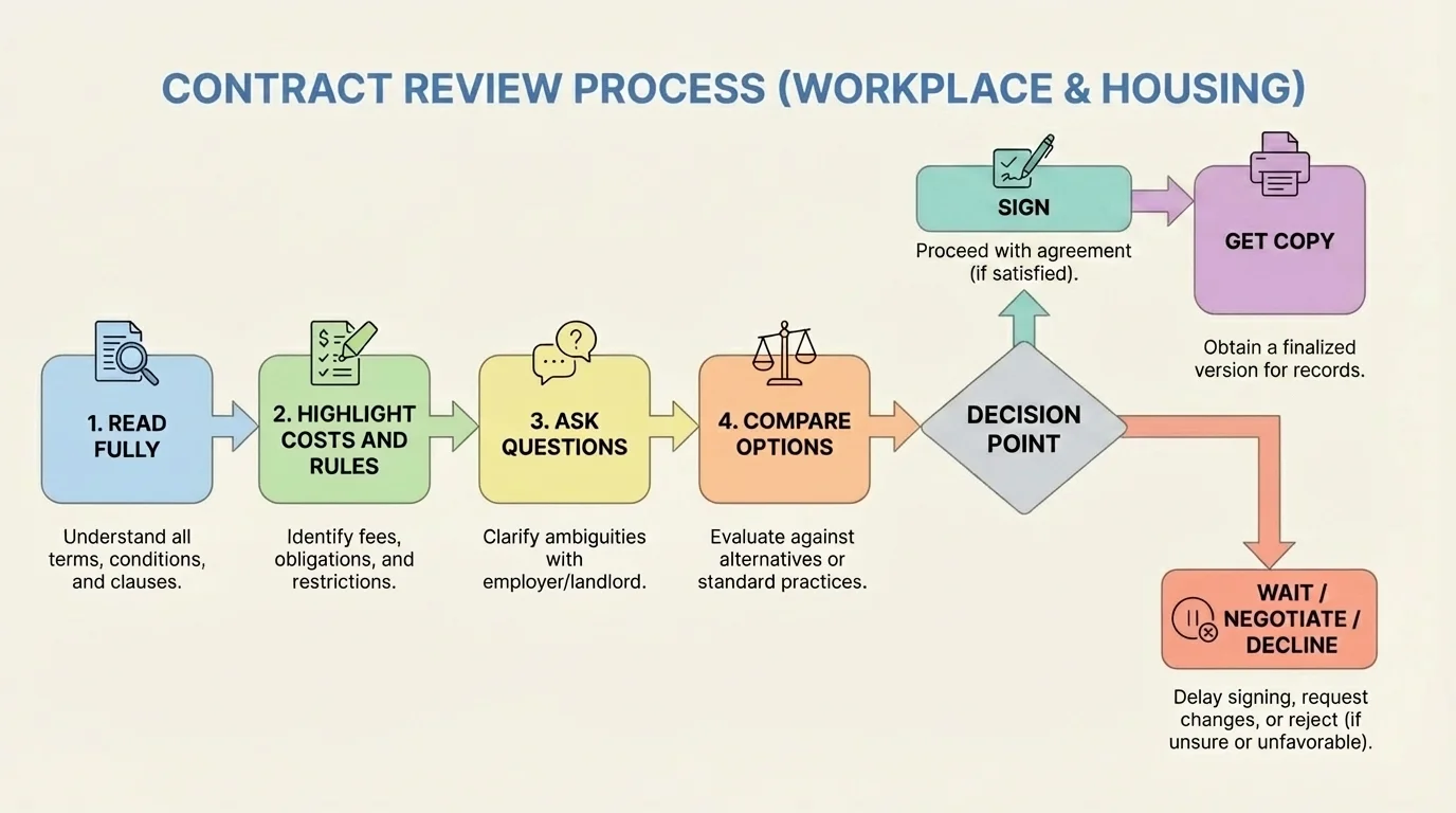 flowchart showing contract review steps: read fully, highlight costs and rules, ask questions, compare options, get copy, then sign or wait