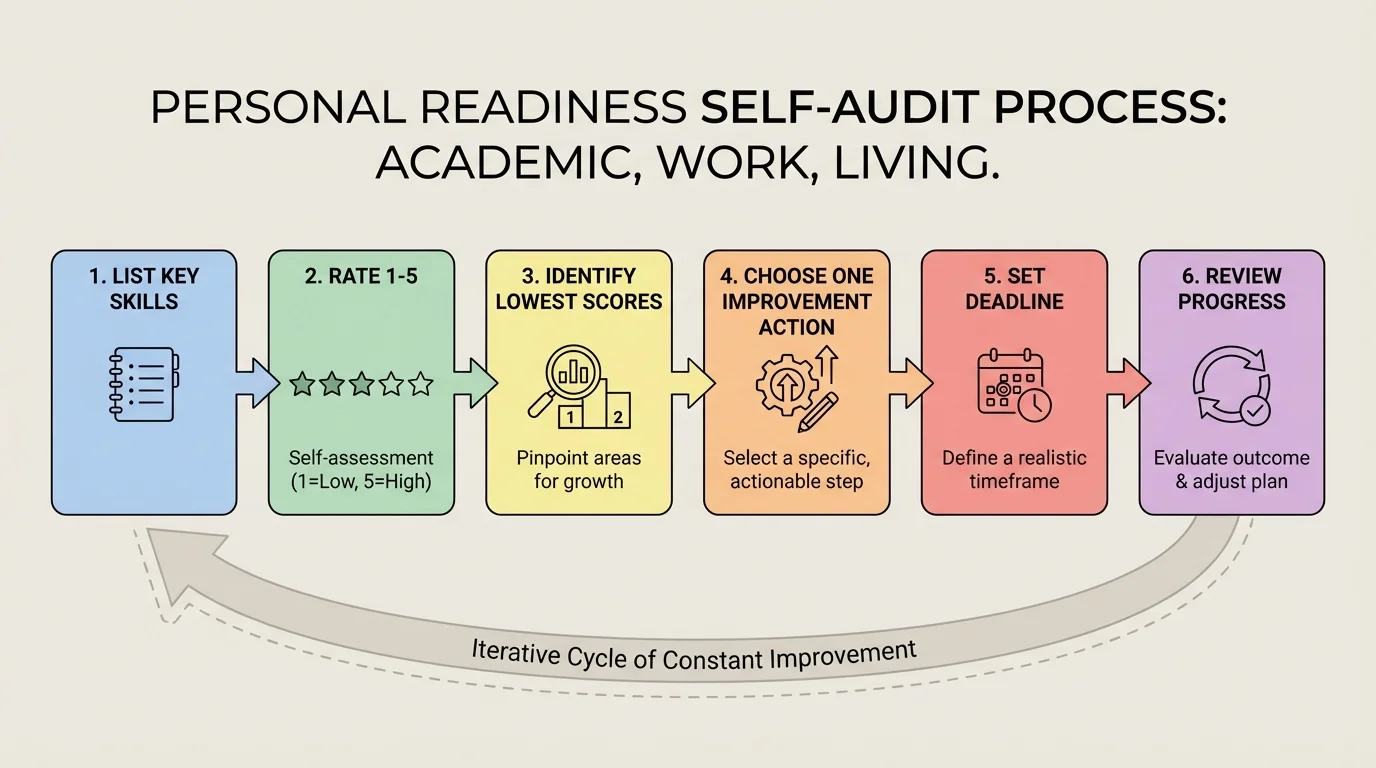 self-audit process with boxes labeled list key skills, rate 1-5, identify lowest scores, choose one improvement action, set deadline, review progress