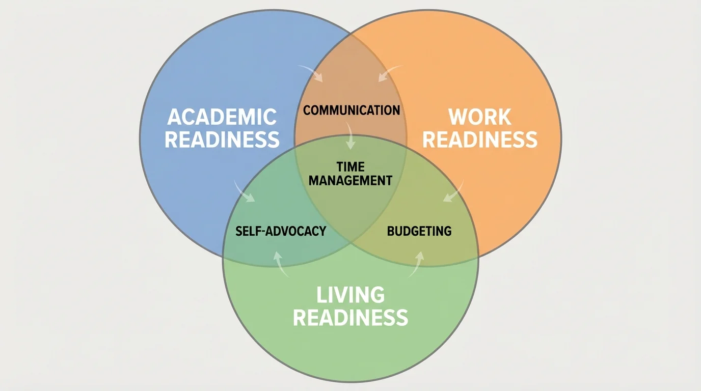 three connected circles labeled academic readiness, work readiness, and living readiness with overlap labels time management, communication, self-advocacy, and budgeting