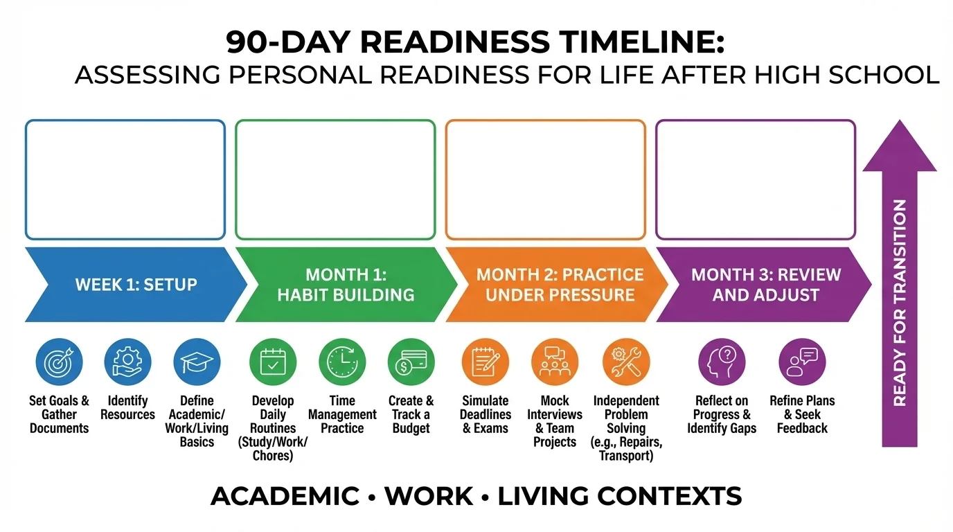 90-day readiness timeline with sections Week 1 setup, Month 1 habit building, Month 2 practice under pressure, Month 3 review and adjust