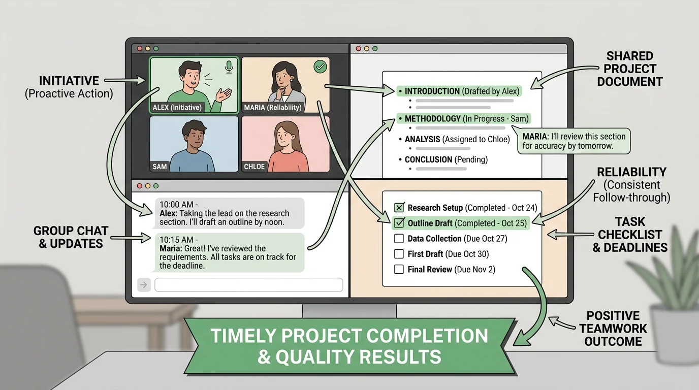 Illustration of a student team working from home using a video call, group chat, shared document, and task checklist with clear deadlines and completed items