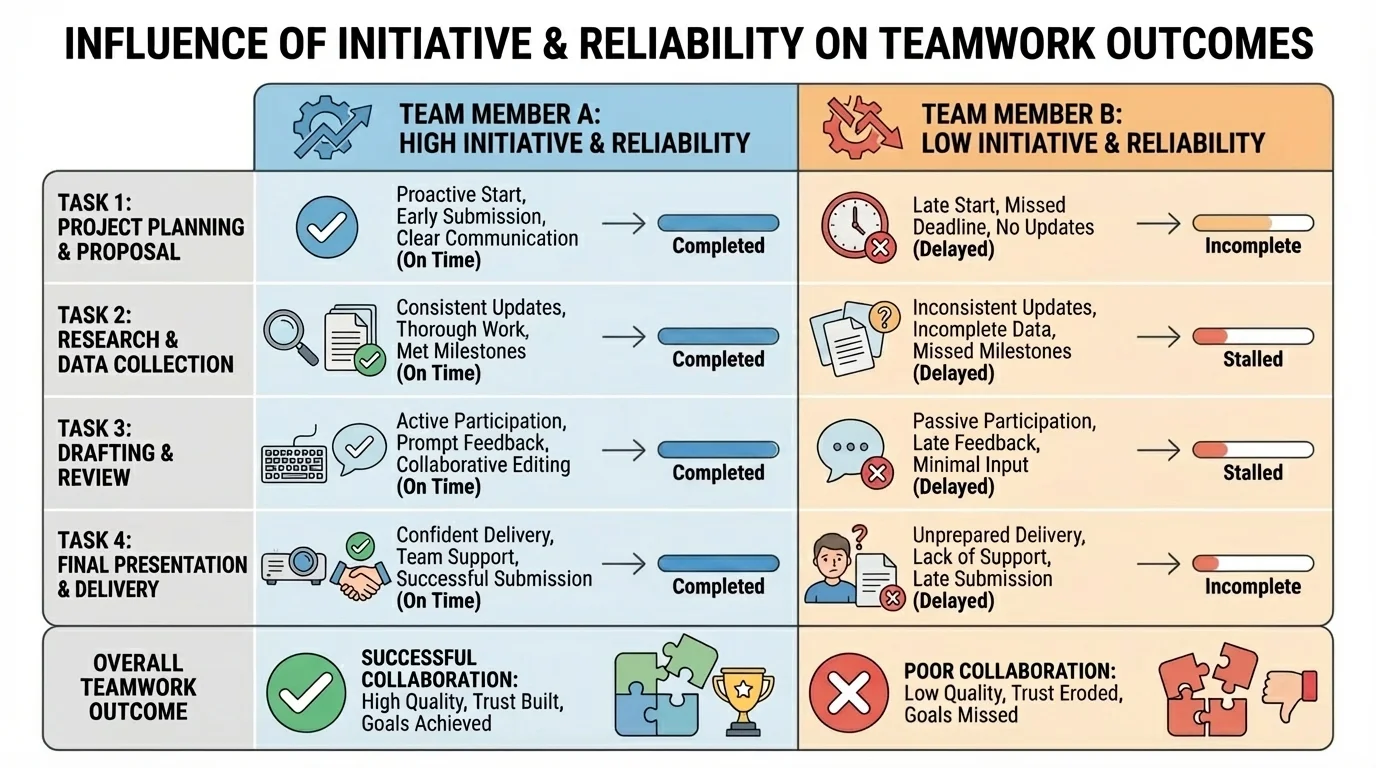 Chart comparing two team members across four tasks, with one consistently submitting work and updates on time and the other missing deadlines and giving late responses