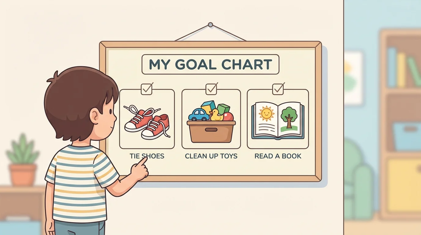 child at home pointing to a simple goal chart with pictures for tie shoes, clean up toys, and read a book