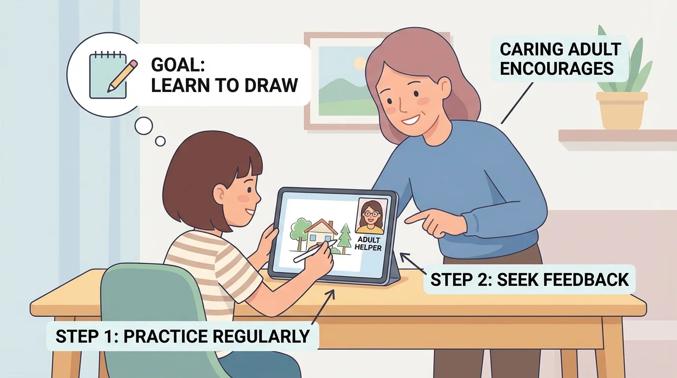 child at home showing a drawing on a tablet during a video call with an adult helper while another caring adult encourages nearby